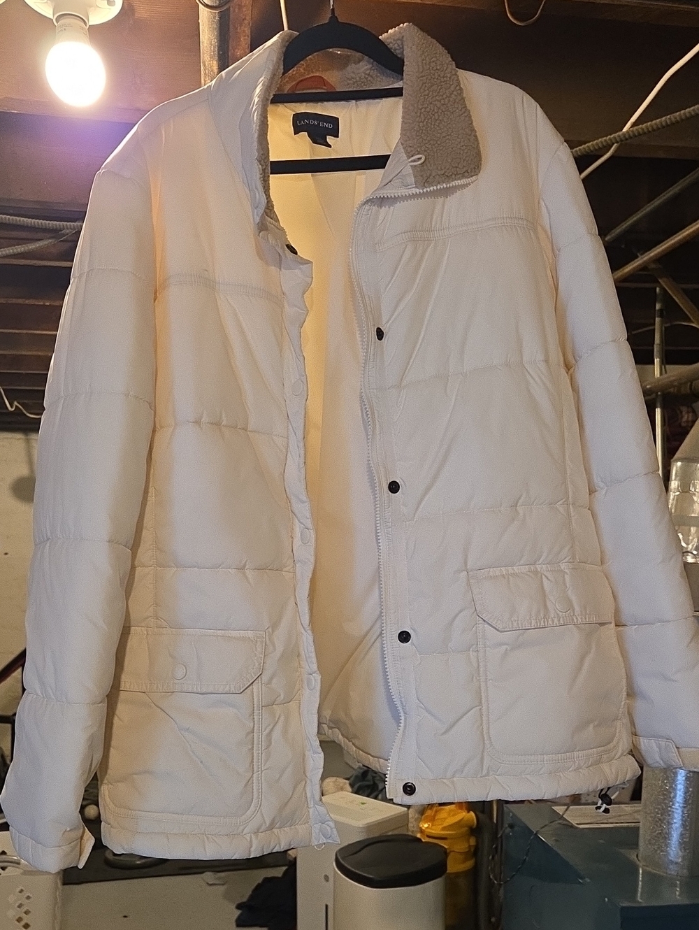 Lands' End Wome's Off-White Puffer Jacket with Sherpa Collar